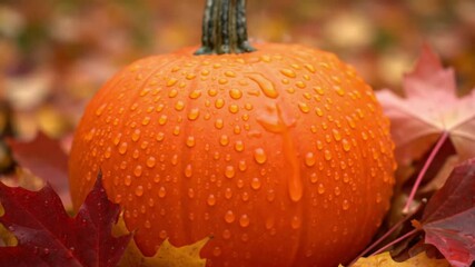 Orange pumpkin with water droplets amid colorful fall leaves - Powered by Adobe