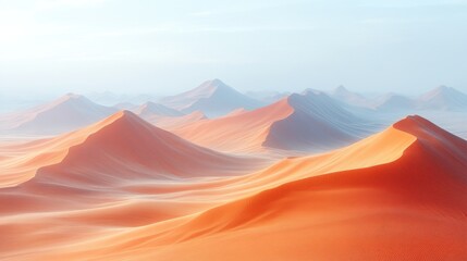 Naklejka premium Misty sunrise over rolling desert sand dunes