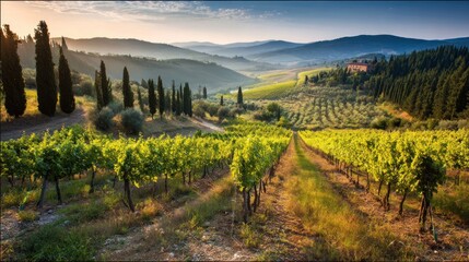 Tuscan vineyard at sunrise
