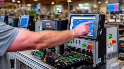 In a factory setting, a technician uses a testing machine to analyze a circuit board, ensuring quality control. The equipment highlights the importance of technological inspection.