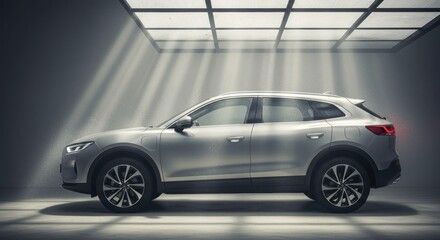 Obraz premium Sleek silver suv bathed in radiant beams showcasing modern automotive design and engineering