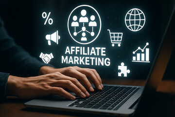 Hands typing with affiliate marketing concept icons including network connections graph globe cart handshake and digital advertising symbols