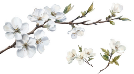 Spring branch with white flowers isolated on transparent background