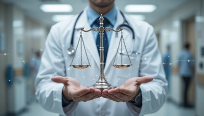 Doctor holding scales of justice, symbolizing medical ethics and fairness