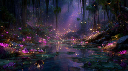 Fantasy illustration depicting a mystical swamp illuminated by glowing plants and magical fireflies, creating a dreamy atmosphere. Ideal backdrop for fantasy games, storytelling, animations