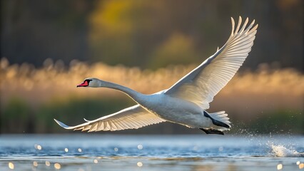 Graceful Swan in Flight Flying with Spread Wings and Colorful Blurred Background