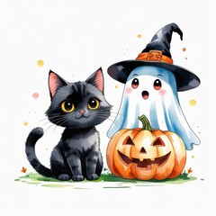 Fototapeta premium Cute Halloween Watercolor Illustration: Black Cat, Ghost, & Jack-o'-Lantern