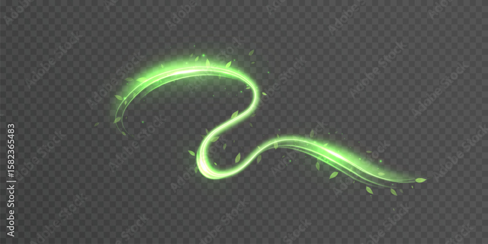 Poster vector green light path with leaves and magical glow on dark background. light overlay effect for ec