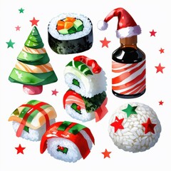 Watercolor Christmas Sushi Food Art: Holiday Rolls, Tree, and Sauce
