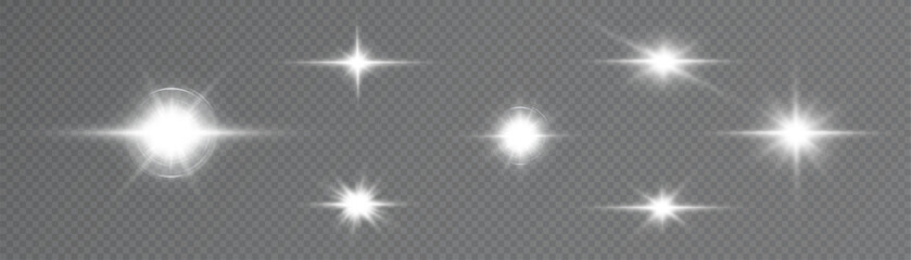 Collection of vector white flashes and shining stars on transparent background. Glow effects for holiday designs, magic illustrations, advertising and UI elements.