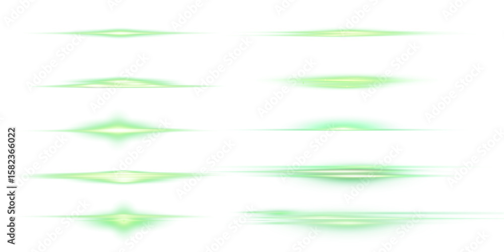 Poster set of vector light bursts and horizontal green glow glares on white background (png). abstract elem