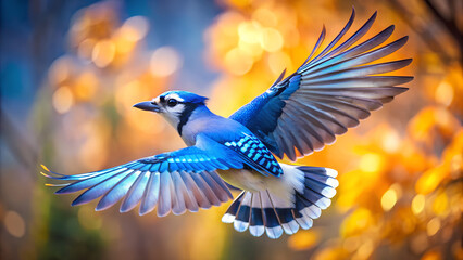 Obraz premium Blue Jay in Flight Flying with Spread Wings and Colorful Blurred Background