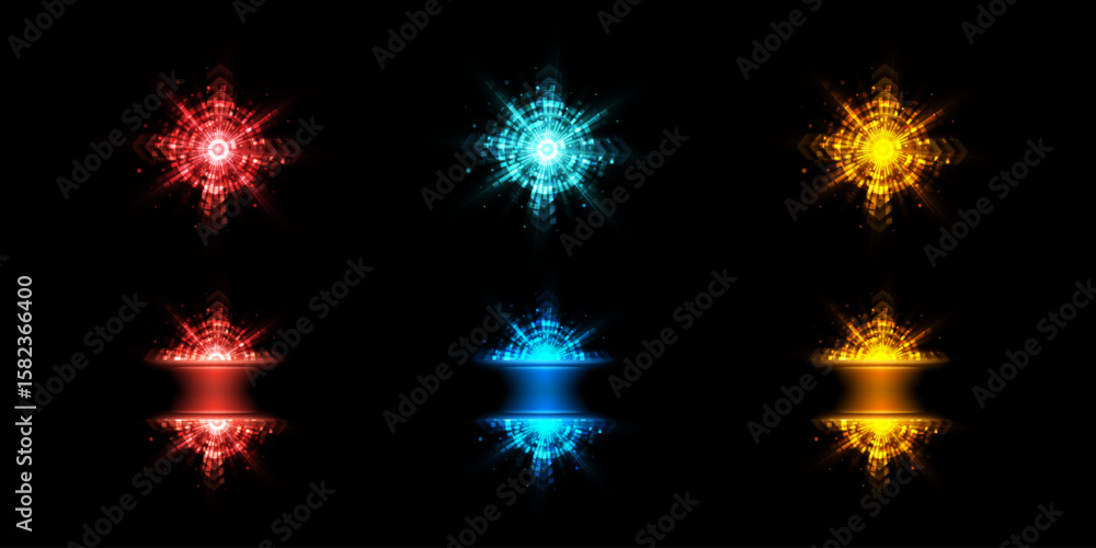 Poster collection of vector glowing symbols abstract light elements with reflections on black background. u