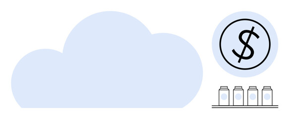 Blue cloud, dollar symbol in a circle, and aligned storage containers represent cloud computing, data storage, finance, cost efficiency, digital transformation, innovation, scalable technology
