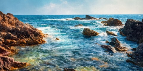 Morning Coastal Landscape Watercolor Painting with Calm Seas and Sky