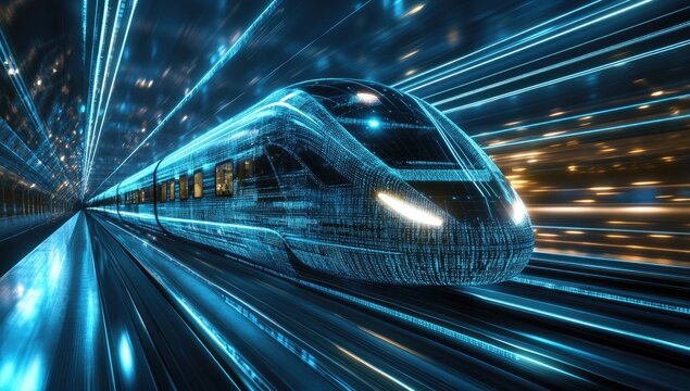 A high-speed train in motion, made of digital data and code. The background is dark blue with light streaks and lights. In the foreground, - Powered by Adobe