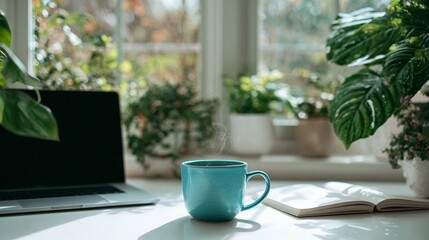 Teal mug laptop plants window