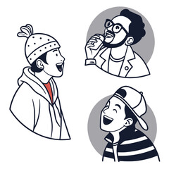 Obraz premium Three illustrations of young men with different styles laughing and looking upwards in a cheerful mood