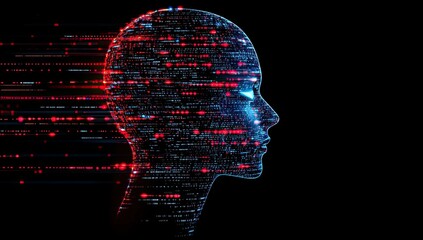 A profile view of an AI head composed entirely from digital code, with glowing lines representing data and innovation