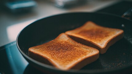 Toasted bread in frying pan