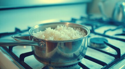 Uncooked rice in pot on stove