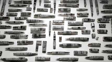 Variety of pens with newspaper design
