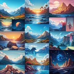 Scenic Cartoon Landscapes: Mountains, Sunsets, Rivers, and Fantasy Worlds