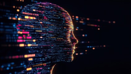 A profile view of an AI head composed entirely from digital code, with glowing lines representing data flowing through it against a black background