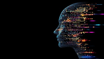 A profile view of an AI head composed entirely from digital code, with glowing lines representing data flowing through it against a black background