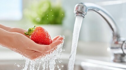 Washing strawberry under running water