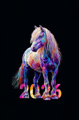 Drawn multi-colored horse and numbers 2026 on a black background, New Year's drawing with paints, greeting vertical, postcard, new 2026, year of the fire horse, Chinese calendar