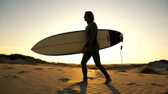 Summer Days Surfing Silhouette of a surfer heading to the beach at sunset