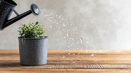 Watering a small potted plant