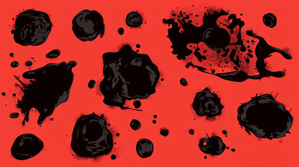 Set of black abstract shapes covered with texture. Collection of amorphous drops of various irregular shapes on a red isolated background. Graphic elements for your design 


