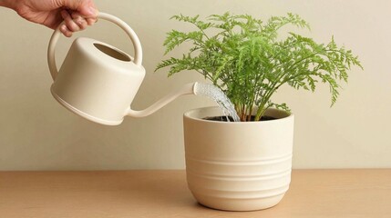 Watering potted fern plant