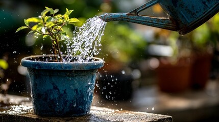 Watering small plant outdoor