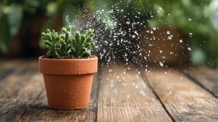 Watering succulent plant in terracotta pot