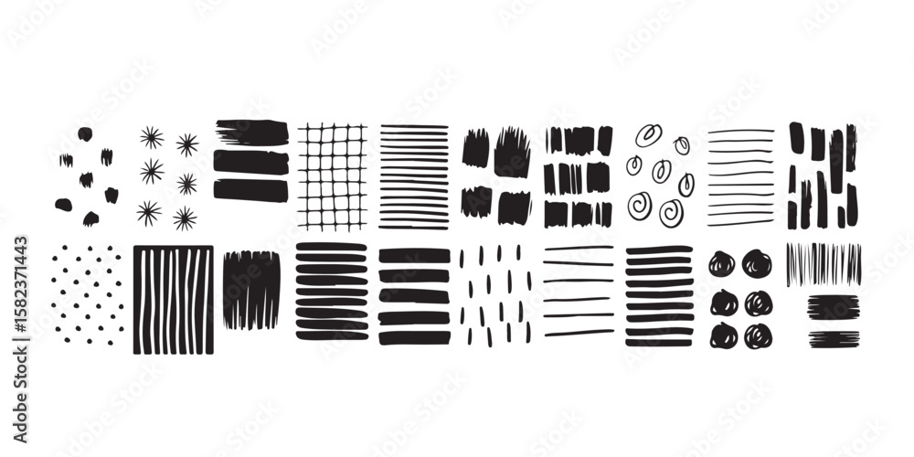 Poster a collection of black and white abstract patterns including lines dots and brush strokes on a white 