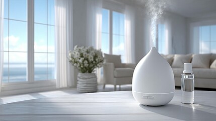 White aroma diffuser on table with sea view