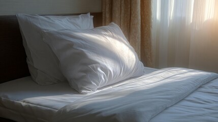 White bedding on made bed under sunlight