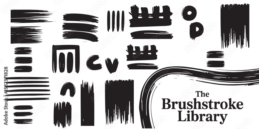 Poster a collection of various black brushstrokes and shapes isolated on a white background for design elem