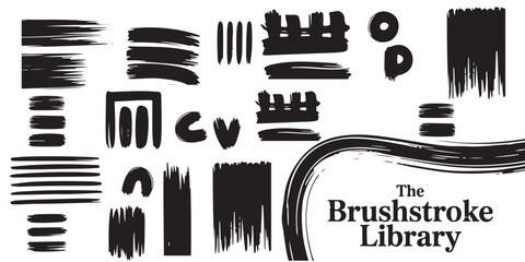 A collection of various black brushstrokes and shapes isolated on a white background for design elements