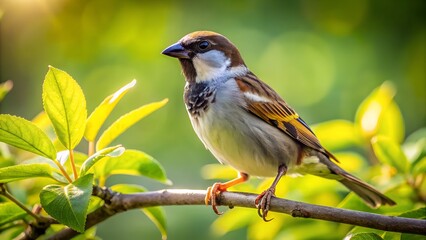 Obraz premium House Sparrow Sitting on Leafy Tree Branch Calm and Still