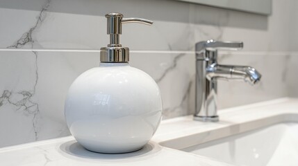White ceramic soap dispenser on marble countertop