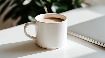 White coffee mug on white surface