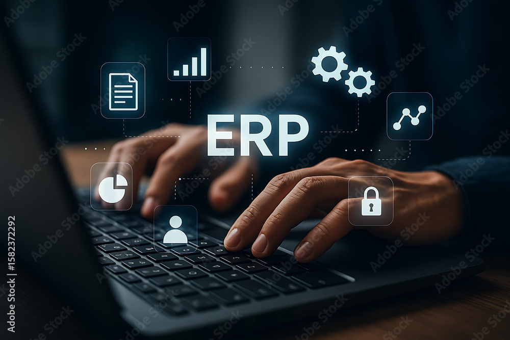 Poster enterprise resource planning erp interface showing digital tools and graphs on laptop operated by bu