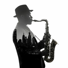 Saxophonist Silhouette Cityscape Double Exposure Jazz Music