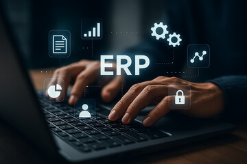 Enterprise resource planning erp interface showing digital tools and graphs on laptop operated by business hands