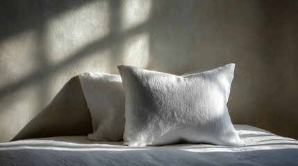 White linen pillows on bed