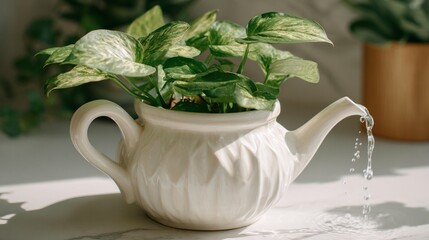 White teapot planter with water flowing